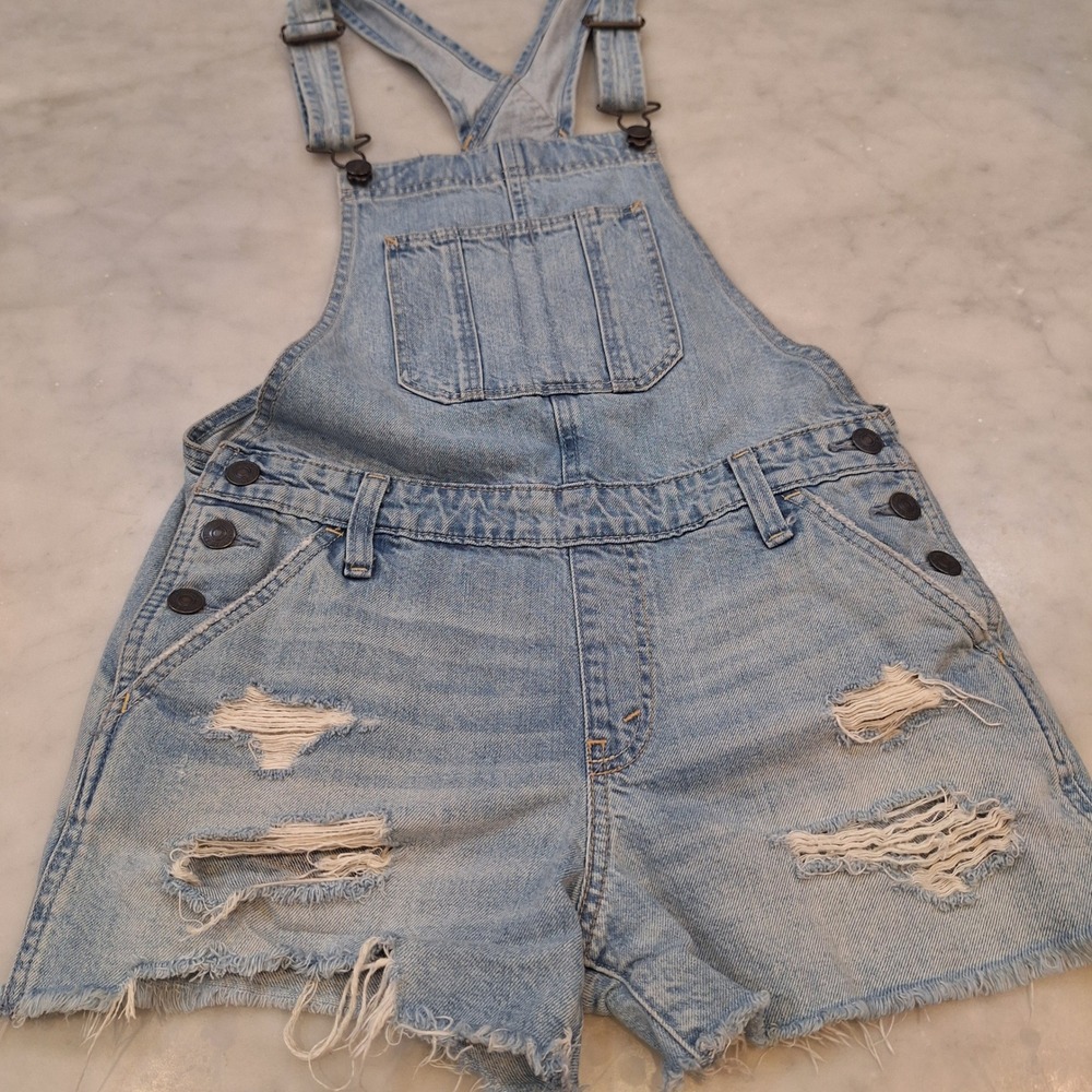 Abercrombie & Fitch Shortalls Wom XS Lt Blue Distressed Denim Overalls Festival